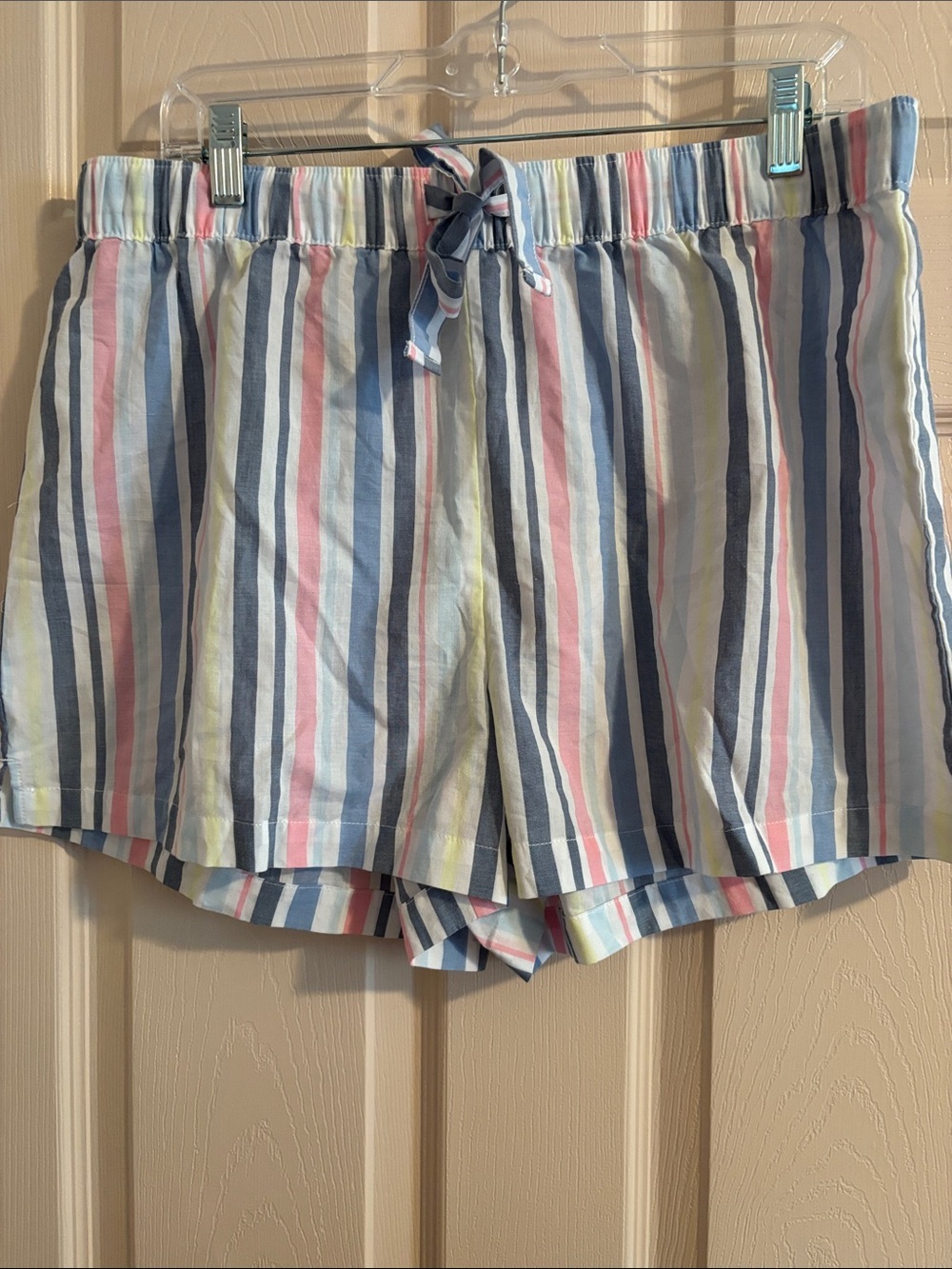 Women’s Striped Drawstring Athletic Shorts in Blue, Pink & Yellow